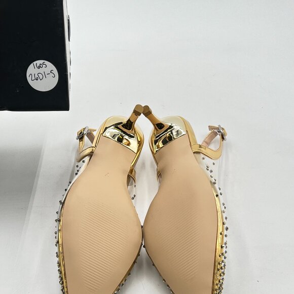 FSJ Gold Crystal Clear Rhinestones Low Heel Slingback Pointed Toe Sandals - Picture 6 of 7